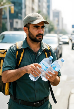 Delivery person in uniform holding two water bottles on a sunny city street, hydration and service
