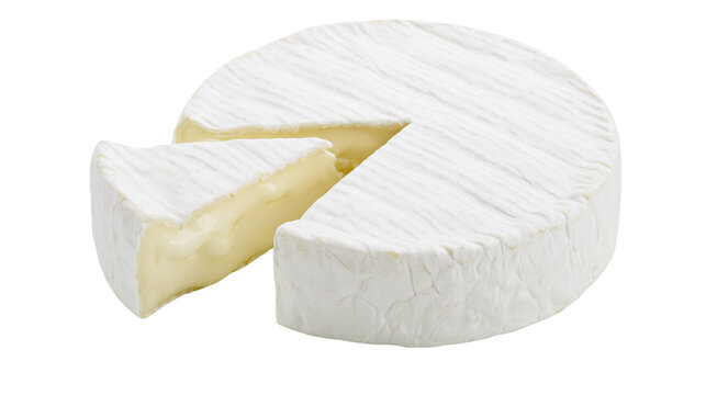 Whole round brie cheese with a slice removed, isolated on transparent background