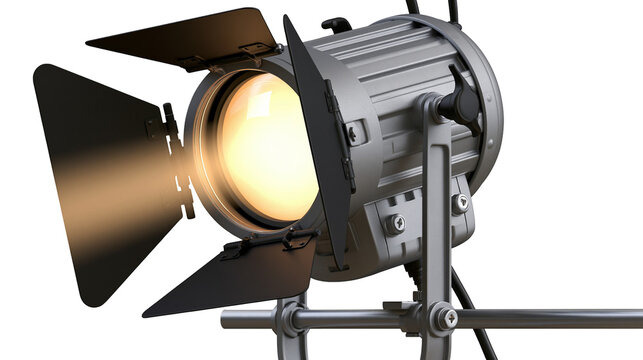 Professional silver stage spotlight with adjustable barn doors emitting warm yellow light, isolated on transparent background