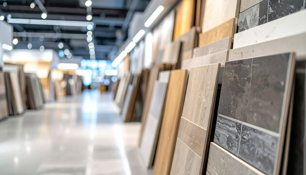 Ceramic tiles display rack inside a modern hardware store showroom featuring various stone and wood textures for home renovation projects