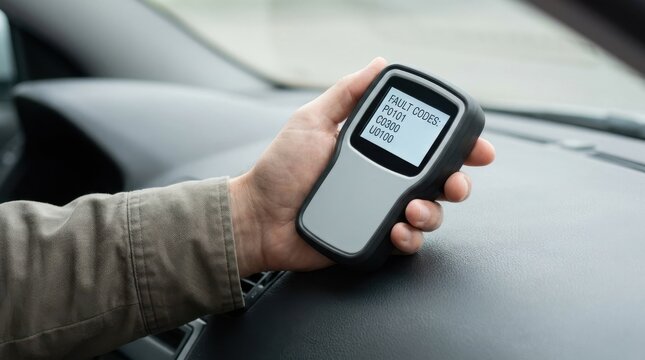 OBD2 diagnostic scanner tool showing car fault codes in the hand of a man inside a vehicle