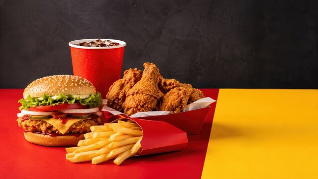 Fast Food Meal Combo with Burger Fried Chicken Fries and Soda
