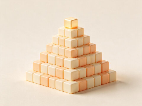 Minimal 3D visual metaphor of business hierarchy and success. Pyramid of beige cubes with a single golden cube at the peak. Concept of reaching the top