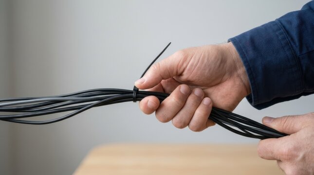 Man organizing black cables with plastic zip tie in office workspace for wire management and cable organization