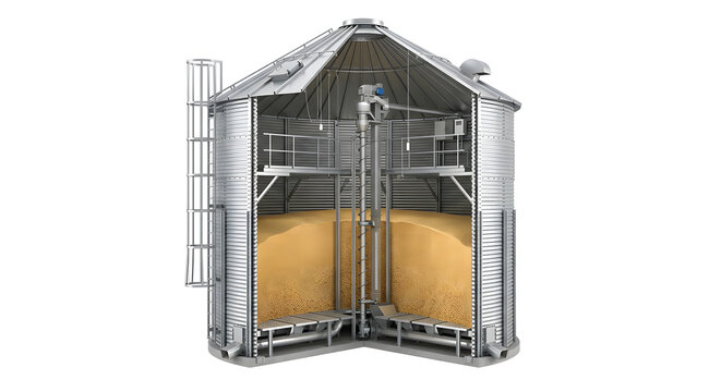 Detailed 3D Cross-Section of an Agricultural Grain Storage Silo with Internal Engineering Mechanics
