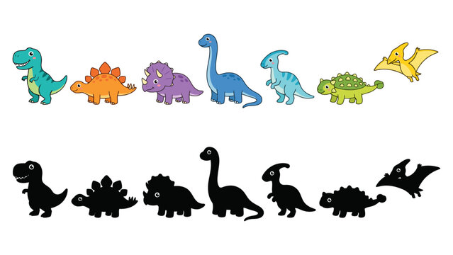 Colorful cartoon dinosaurs and their black silhouette counterparts arranged in a row