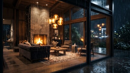 Fototapeta premium Rain on a window glass pane showing a blurred view of a cozy living room interior with a fireplace