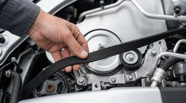 Mechanic inspecting serpentine belt in a car engine bay for maintenance and repair work