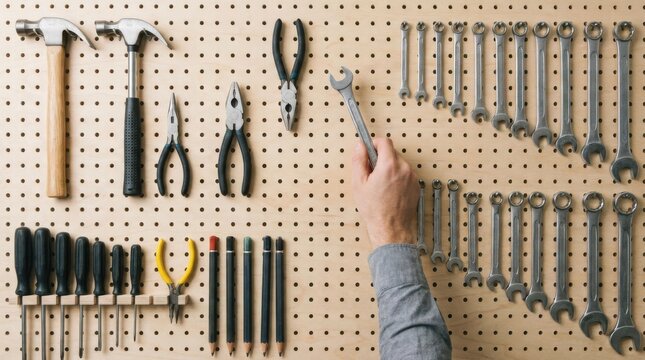 Pegboard with organized workshop tools and a man hand choosing a wrench for repair work