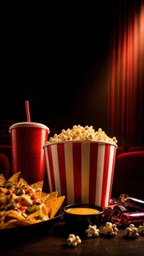 Popcorn Bucket with Nachos and Soda for Vertical Cinema Video