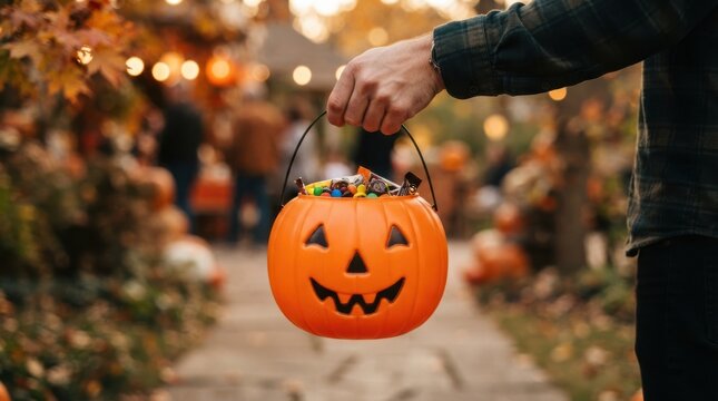 Person holding a jack o lantern pumpkin candy bucket filled with sweets for trick or treat on Halloween