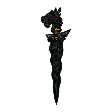 Black Dragon Head Hilt Fantasy Wavy Dagger Vector Illustration
