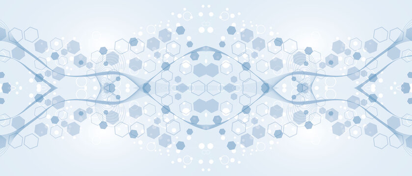 Abstract molecular structure showing hexagonal patterns and flowing blue wave lines on clean light background