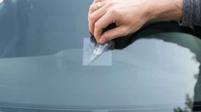 Person repairing a cracked car windshield with a DIY resin repair kit, close-up shot