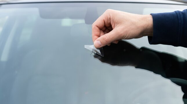 Man repairing a chipped car windshield with a DIY repair kit, close-up view of glass maintenance