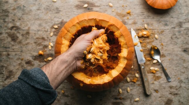 Adult male carving and cleaning pumpkin guts and seeds on a wooden table for Halloween preparation