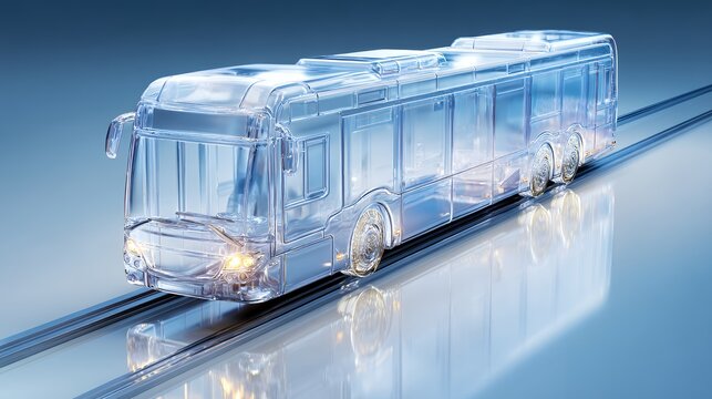 Futuristic transparent electric city bus driving on modern tracks, sustainable public transportation and smart mobility concept