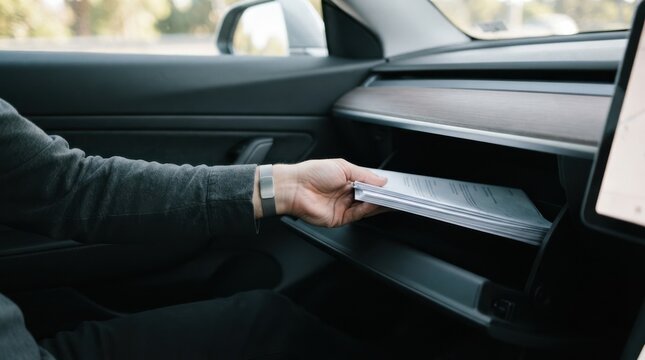Adult man putting documents into the glove compartment of a car representing car insurance and vehicle paperwork