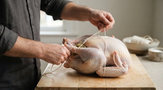 Chef trussing a raw stuffed turkey with kitchen twine on a wooden cutting board in a home kitchen