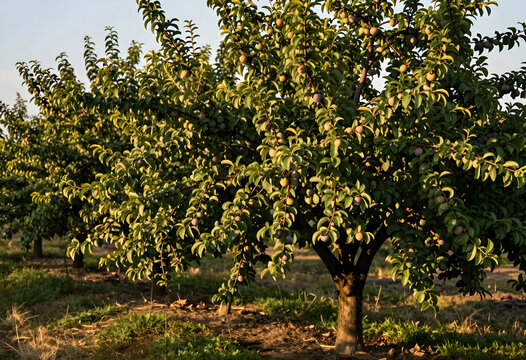 Plum orchard with ripening fruit on trees, agricultural farming and harvest season concept, outdoor nature scene