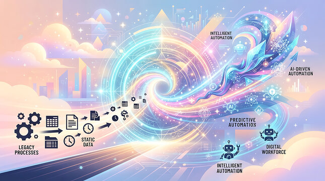 Digital transformation concept: futuristic AI automation and data flow visualization with abstract technology background
