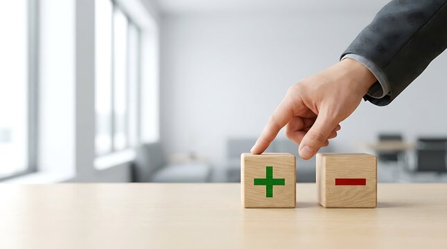 Hand pointing to wooden cube with green plus symbol in office setting