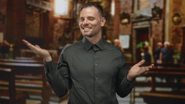 Man with palms up shrugs inside a church building, smiling and smirking with visible hands and casual buttondown shirt; playful doubt.