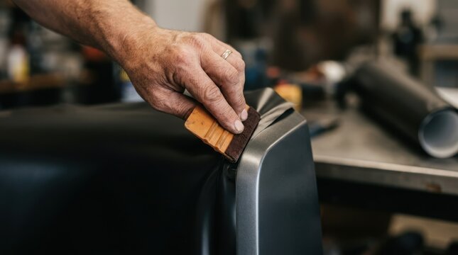 Professional technician wrapping car part with vinyl film using squeegee tool in workshop