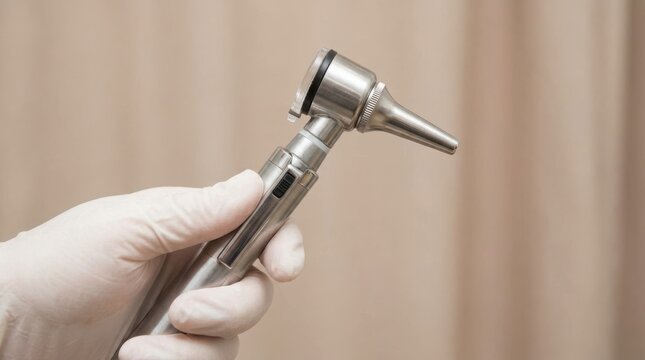 Medical professional holding an otoscope for ear examination in a clinic setting representing healthcare and diagnosis