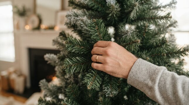 Man fluffing artificial Christmas tree branches in living room holiday preparation