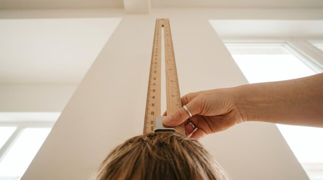 Measuring height of a Caucasian child with a wooden stadiometer at home, pediatric health check concept