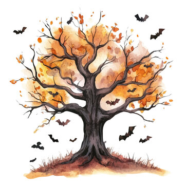 Halloween Tree, cute watercolor illustration with intricate patterns and vibrant splashes, isolated on a white background.