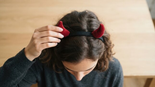 Young woman wearing red devil horns headband for Halloween costume party celebration