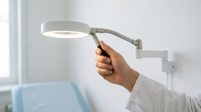 Medical professional adjusting an examination light in a clinical doctor office room