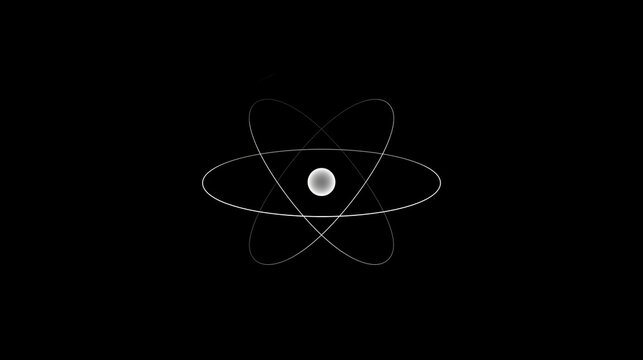 Minimalist Atom Symbol with White Orbital Rings and Nucleus on Black Background
