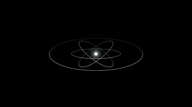 Minimalist Atom Symbol with White Orbital Rings and Nucleus on Black Background