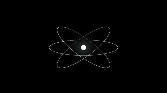 Minimalist Atom Symbol with White Orbital Rings and Nucleus on Black Background