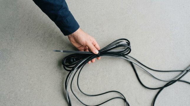 Man tying coiled electronic cables and cords together with a zip tie on a concrete floor