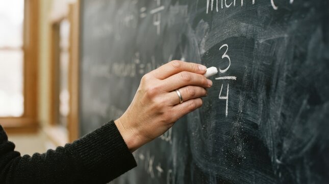 Caucasian female teacher writing fraction three quarters on a blackboard in classroom