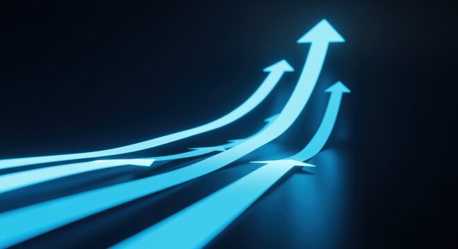 Radiant blue arrows ascending through a dark space conveying dynamic improvement and momentum.