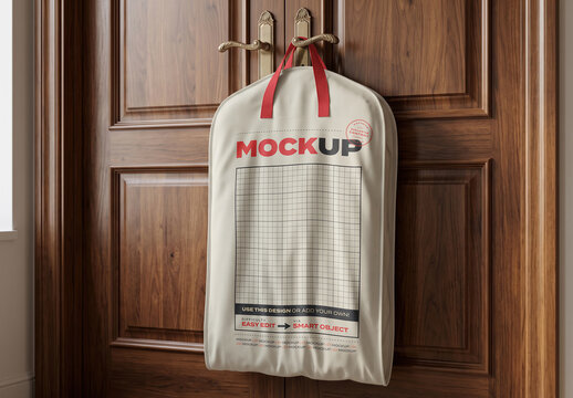 Garment Bag Design Branding Mockup Hanging on Walnut Doors