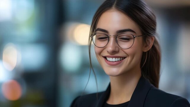 A cheerful young woman wearing glasses and smiling warmly at the camera.