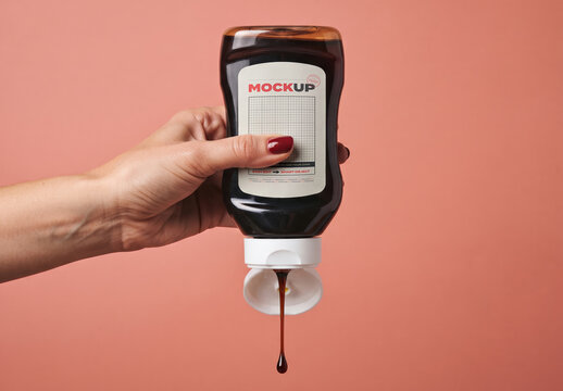 Hand Squeezing Syrup Bottle Label Mockup