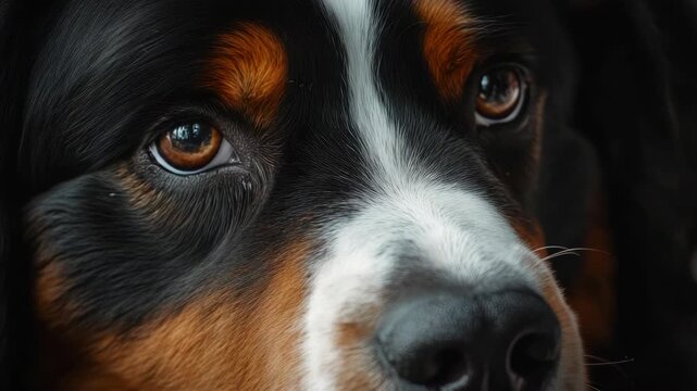 A close-up portrait of a St Bernard dog with an intense and somewhat sad expression, showcasing its fur texture.