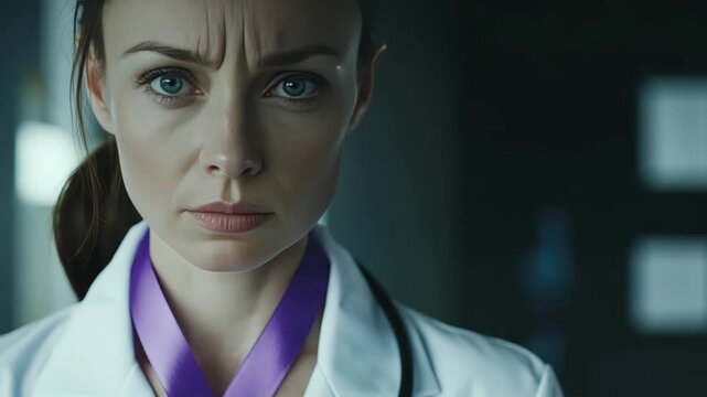 A serious female doctor or nurse wearing a white coat and a purple ribbon looks concerned as she gazes off.
