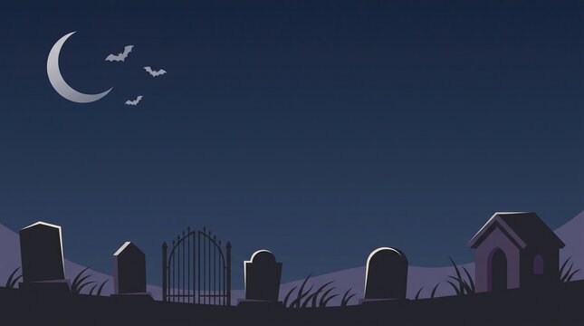 A spooky pixel art halloween background image featuring a dark graveyard under a crescent moon sky