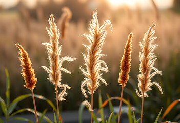 Obraz premium Golden hour light illuminating a row of fluffy ornamental grass plumes in a natural outdoor setting, the natural outdoor setting creates a peaceful and serene atmosphere