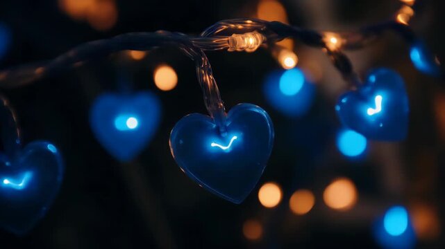 The showcases a decorative arrangement of heart-shaped string lights in blue and orange colors, illuminated against a neutral background.