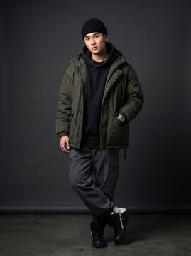 Asian man in winter streetwear, stylish male model in olive green puffer jacket and black beanie, urban fashion portrait on dark background