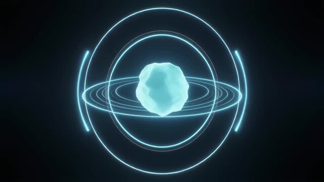 Atom with Orbiting Electrons and Glowing Nucleus, Quantum Physics Background